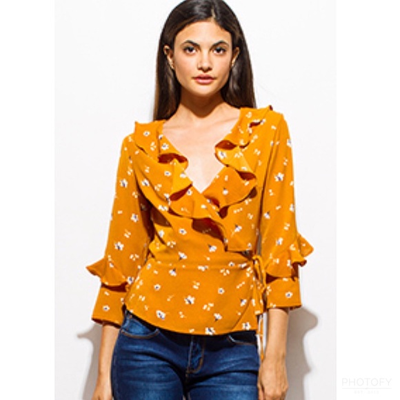 Last One! Mustard Wrap Floral Boho Ruffle Blouse M - Picture 1 of 5